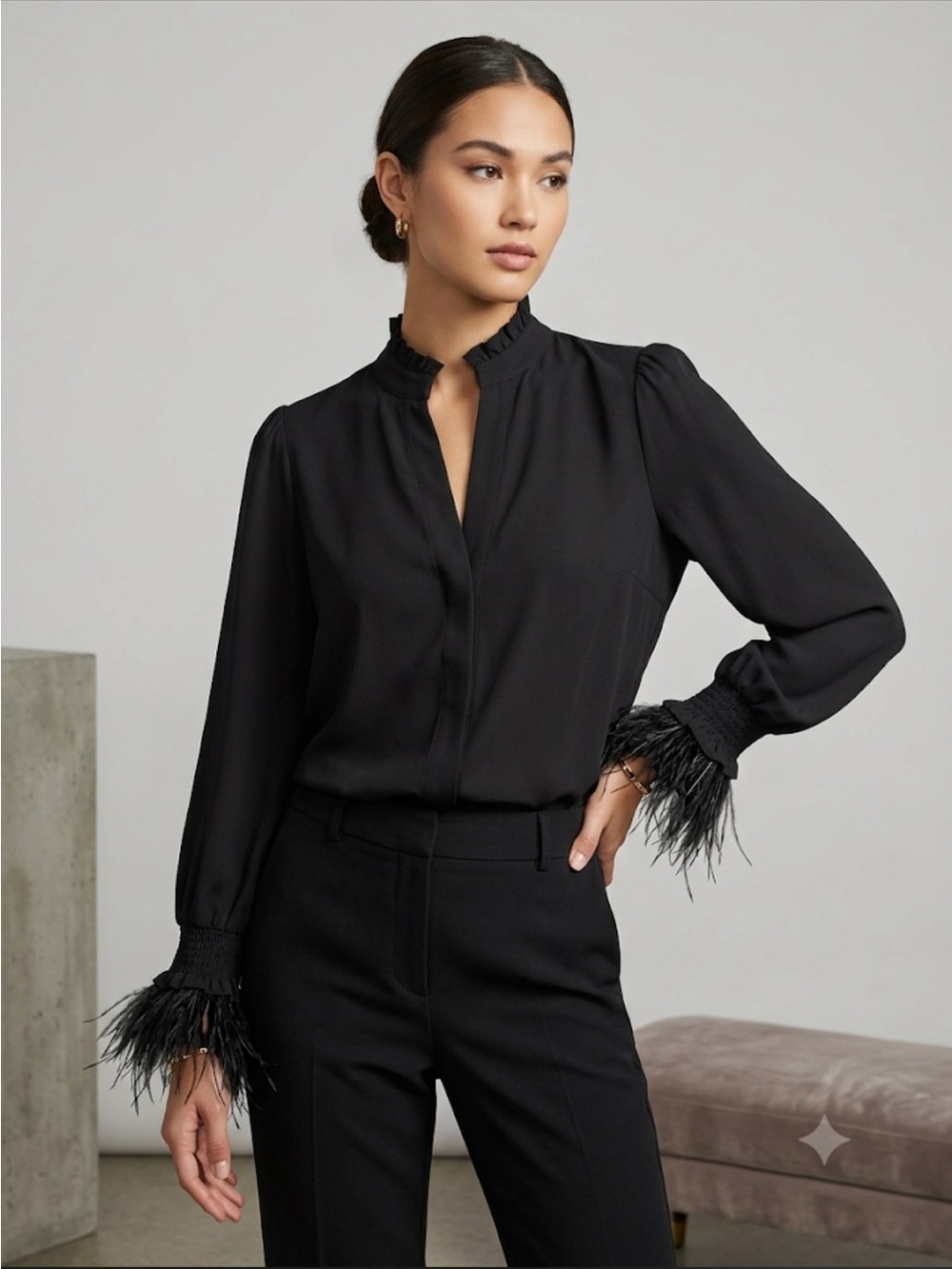 Elie Tahari Black Feather-Cuff Ruffled-Neck Blouse NWOT 21” PTP